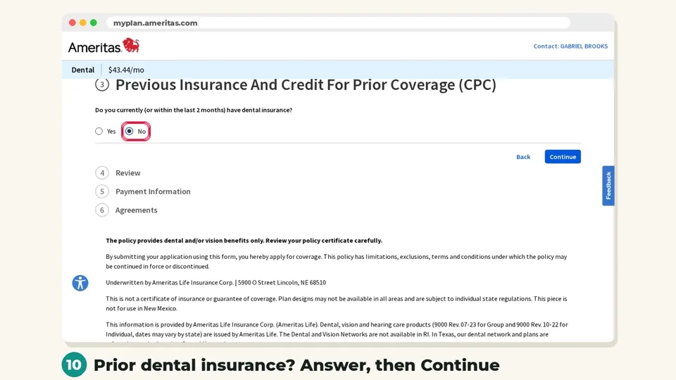 Answer the prior coverage question (Ameritas website screenshot)